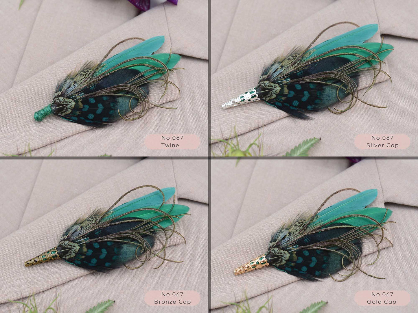 Feathered brooches with green and black feathers on a light beige fabric showing different finishing options of green twine, silver metal cap, gold metal cap, bronze metal cap