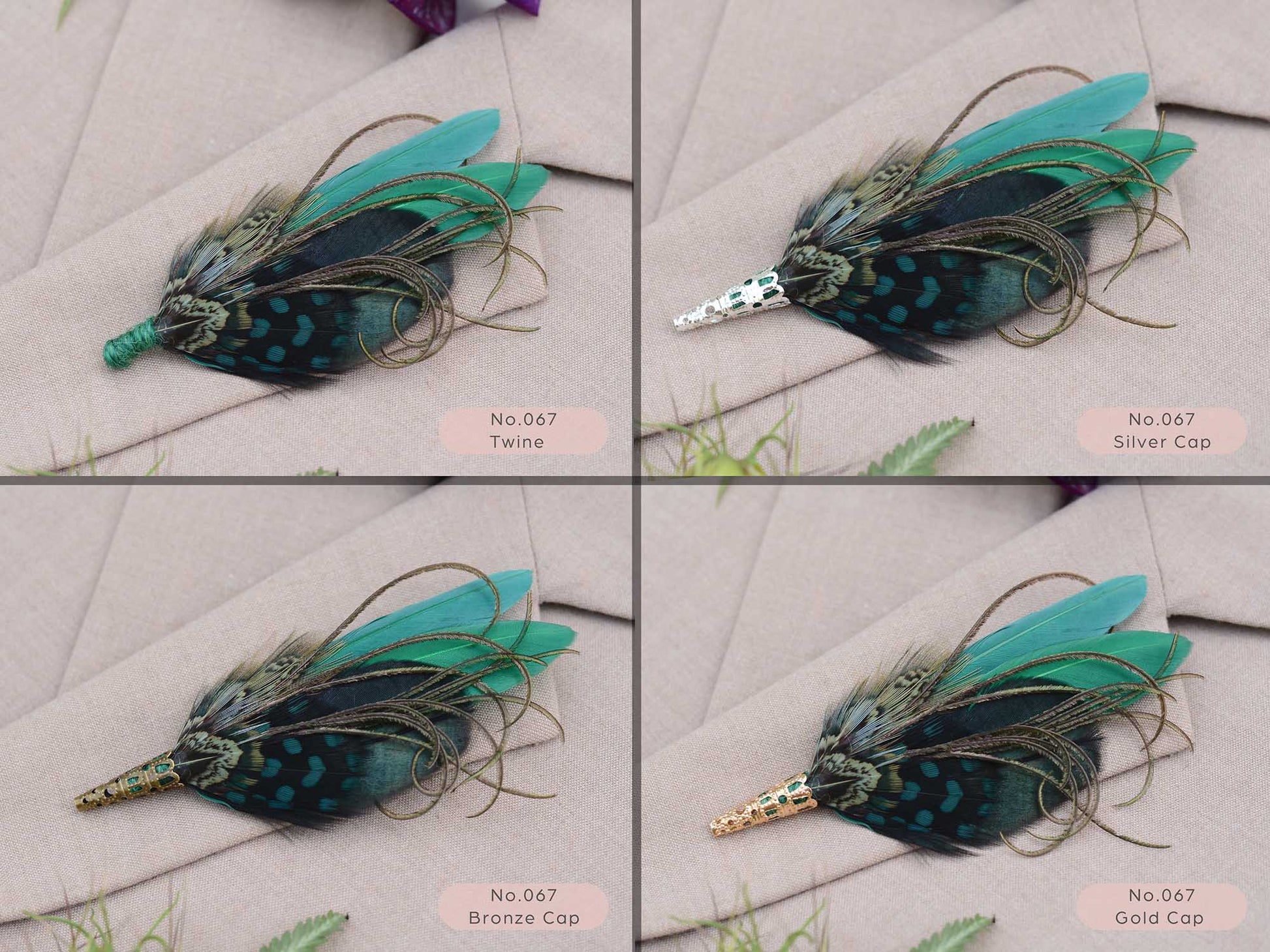 Feathered brooches with green and black feathers on a light beige fabric showing different finishing options of green twine, silver metal cap, gold metal cap, bronze metal cap