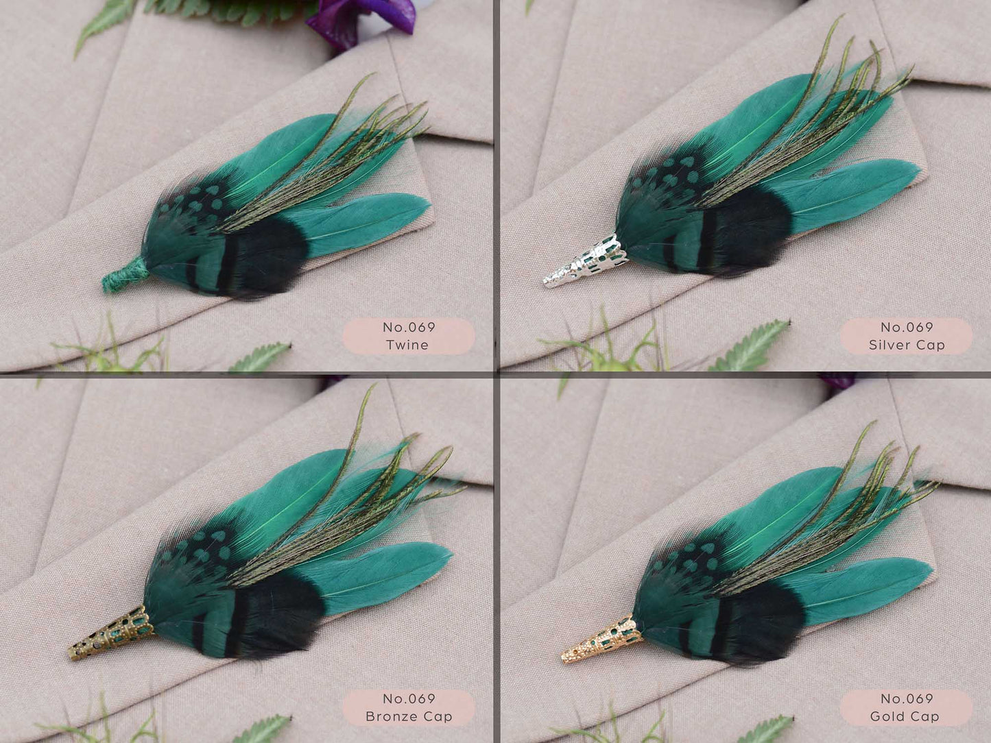 Feathered brooches with green and black feathers on a light beige fabric showing different finishing options of green twine, silver metal cap, gold metal cap, bronze metal cap