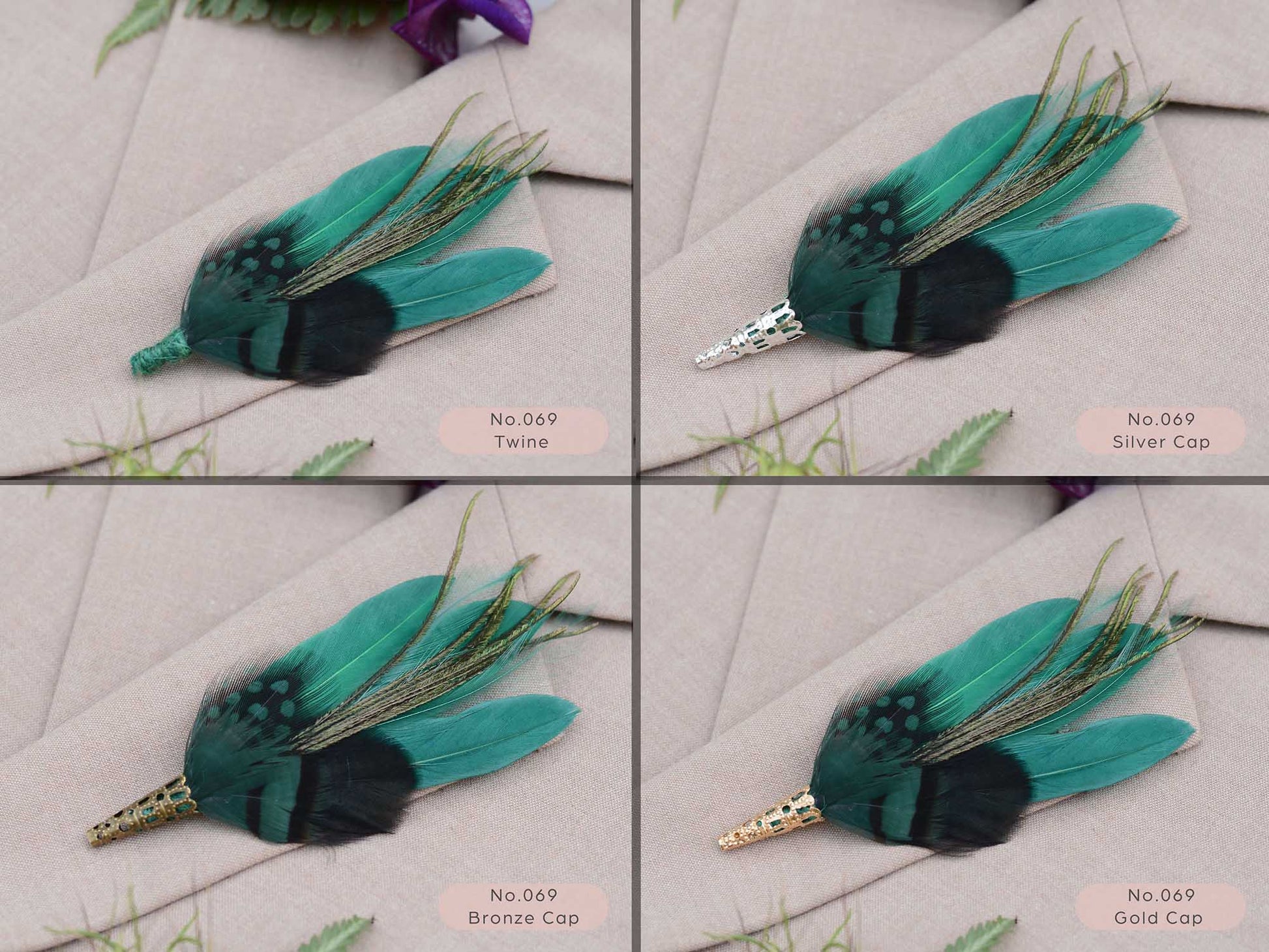 Feathered brooches with green and black feathers on a light beige fabric showing different finishing options of green twine, silver metal cap, gold metal cap, bronze metal cap