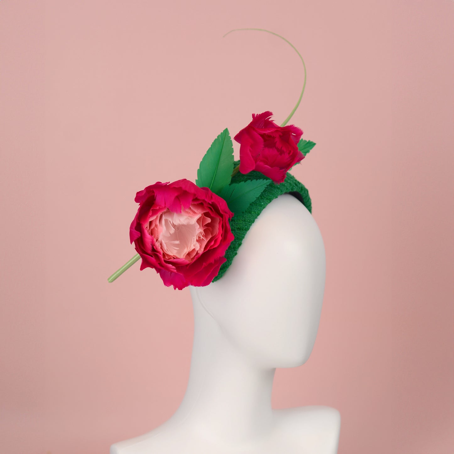 Pink and Green Giant Feather Rose Bandeau Headband Fascinator