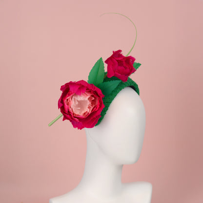 Pink and Green Giant Feather Rose Bandeau Headband Fascinator