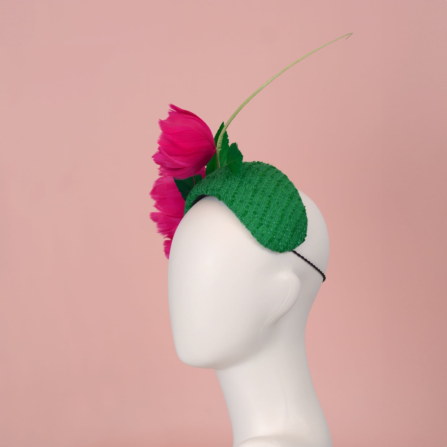 Pink and Green Giant Feather Rose Bandeau Headband Fascinator
