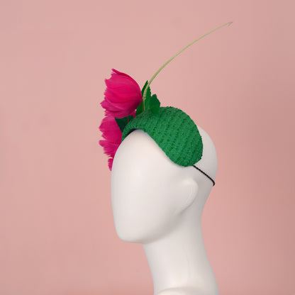 Pink and Green Giant Feather Rose Bandeau Headband Fascinator