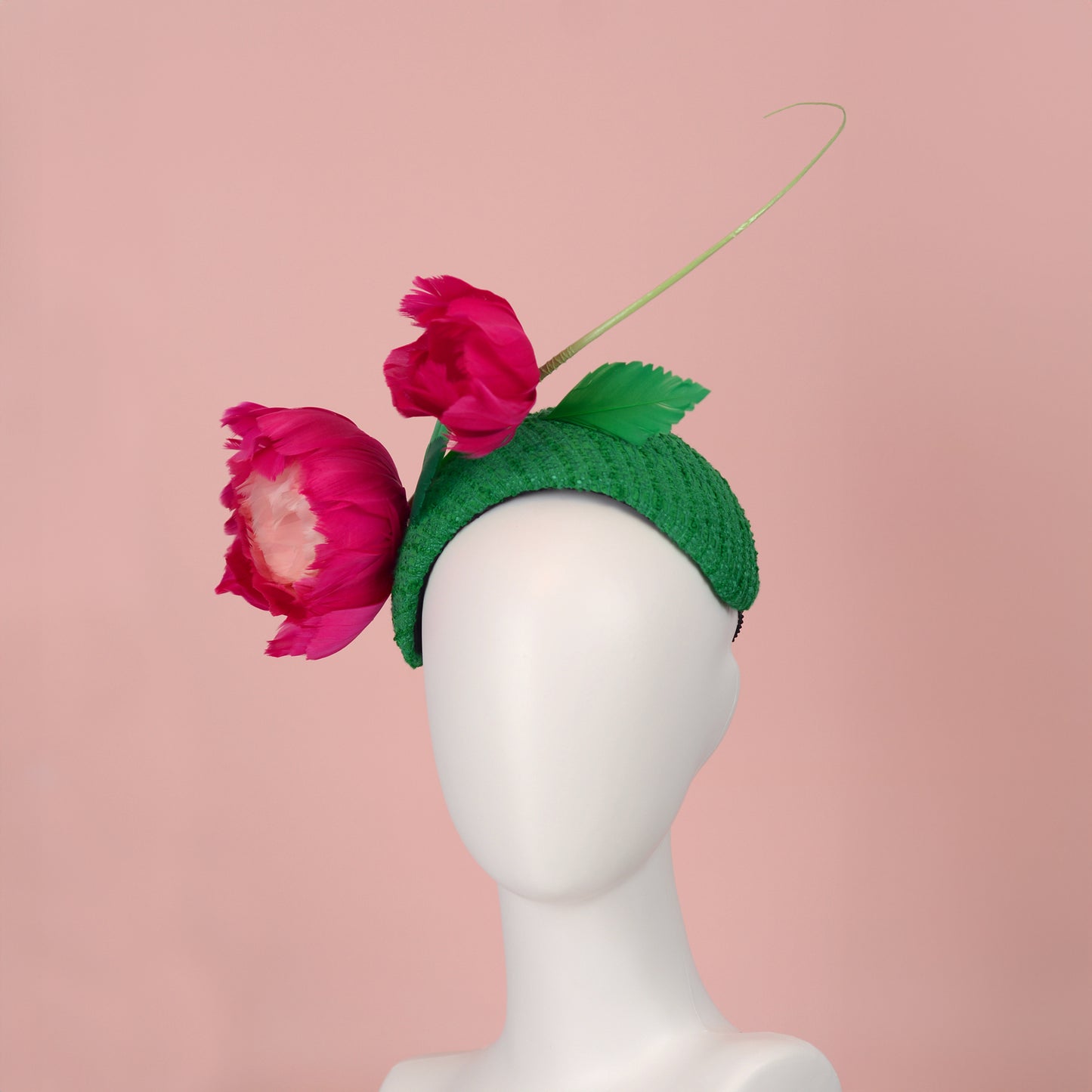 Pink and Green Giant Feather Rose Bandeau Headband Fascinator