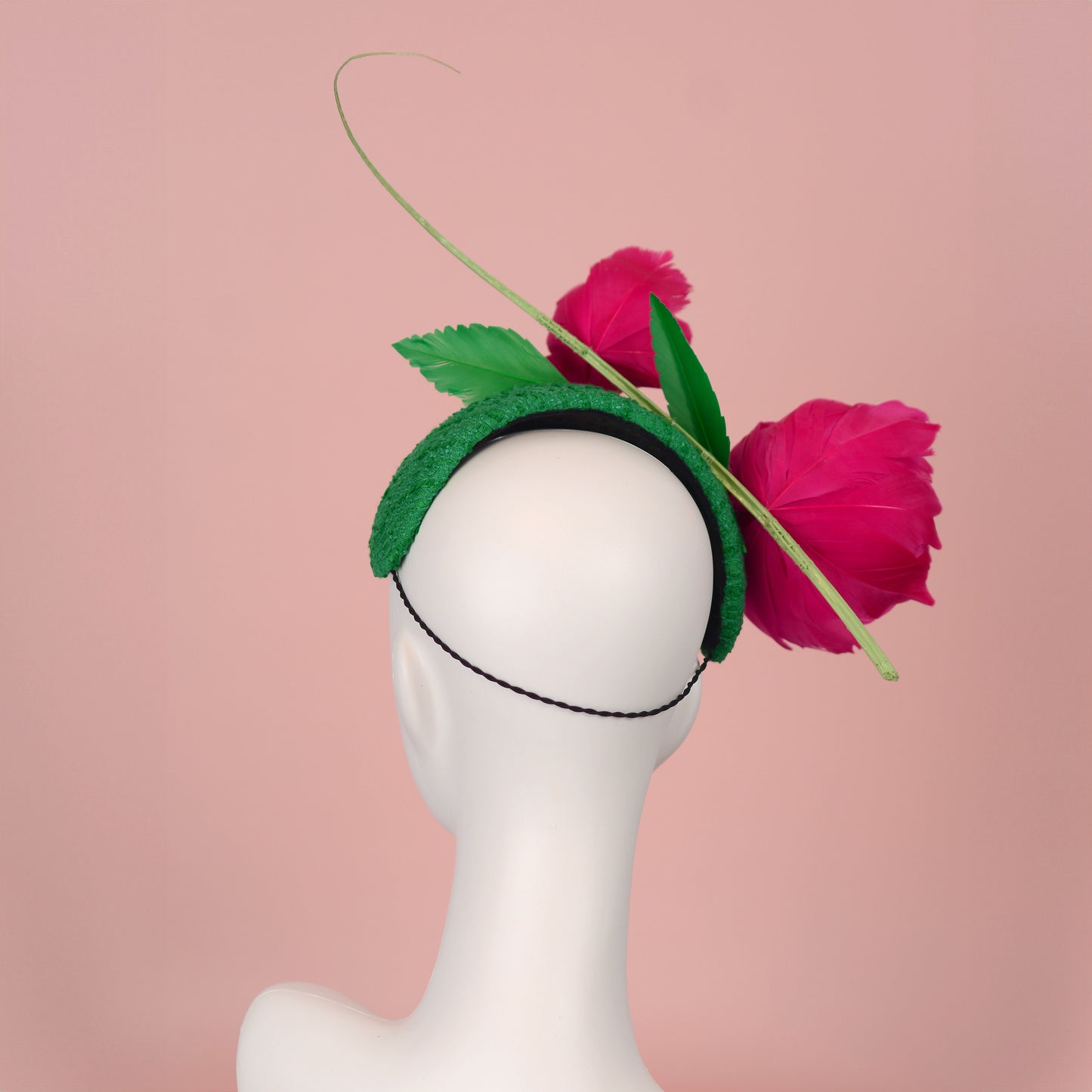 Pink and Green Giant Feather Rose Bandeau Headband Fascinator