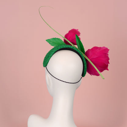 Pink and Green Giant Feather Rose Bandeau Headband Fascinator