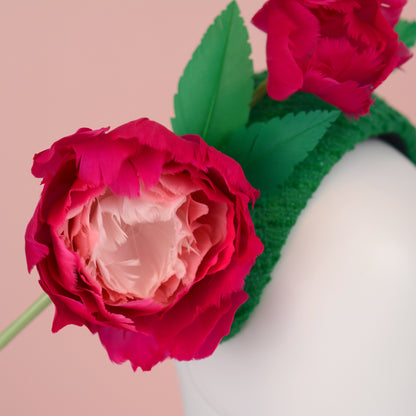Pink and Green Giant Feather Rose Bandeau Headband Fascinator