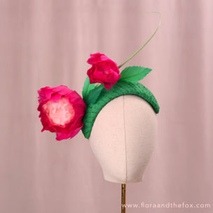 Pink and Green Giant Feather Rose Bandeau Headband Fascinator