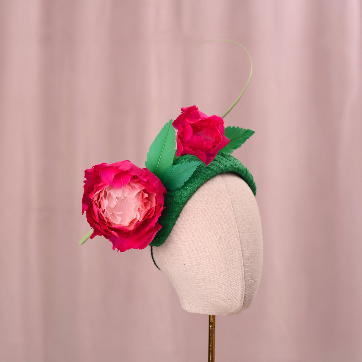 Pink and Green Giant Feather Rose Bandeau Headband Fascinator