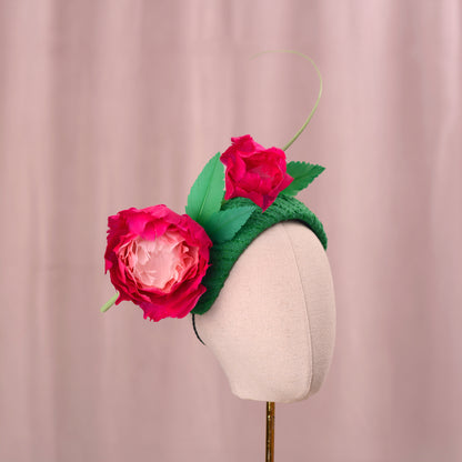 Pink and Green Giant Feather Rose Bandeau Headband Fascinator