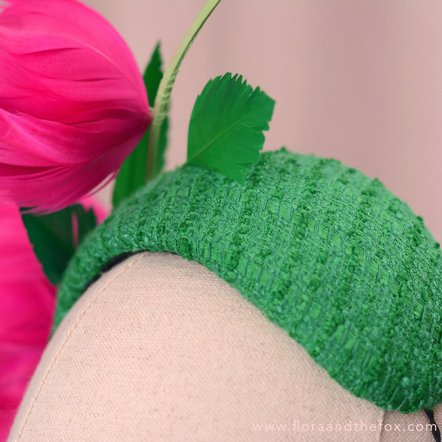 Pink and Green Giant Feather Rose Bandeau Headband Fascinator
