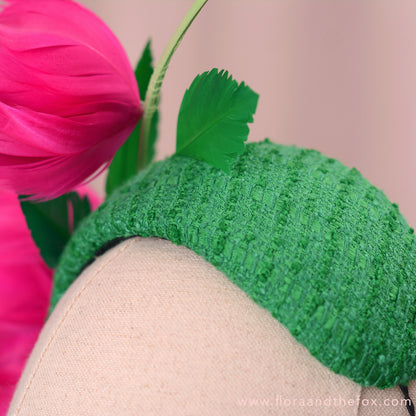 Pink and Green Giant Feather Rose Bandeau Headband Fascinator