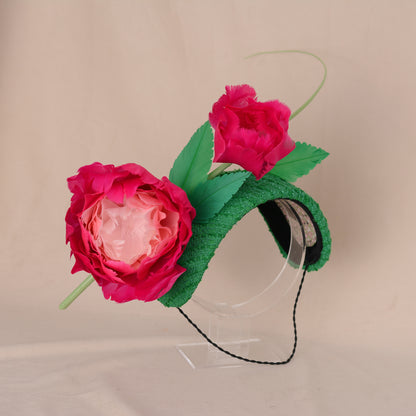 Pink and Green Giant Feather Rose Bandeau Headband Fascinator
