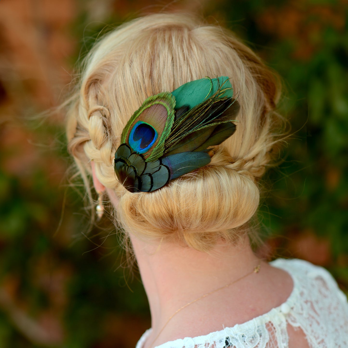 Green and Peacock Feather Hair Clip Large