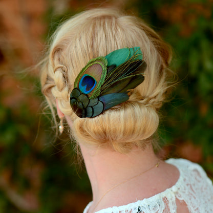Green and Peacock Feather Hair Clip Large