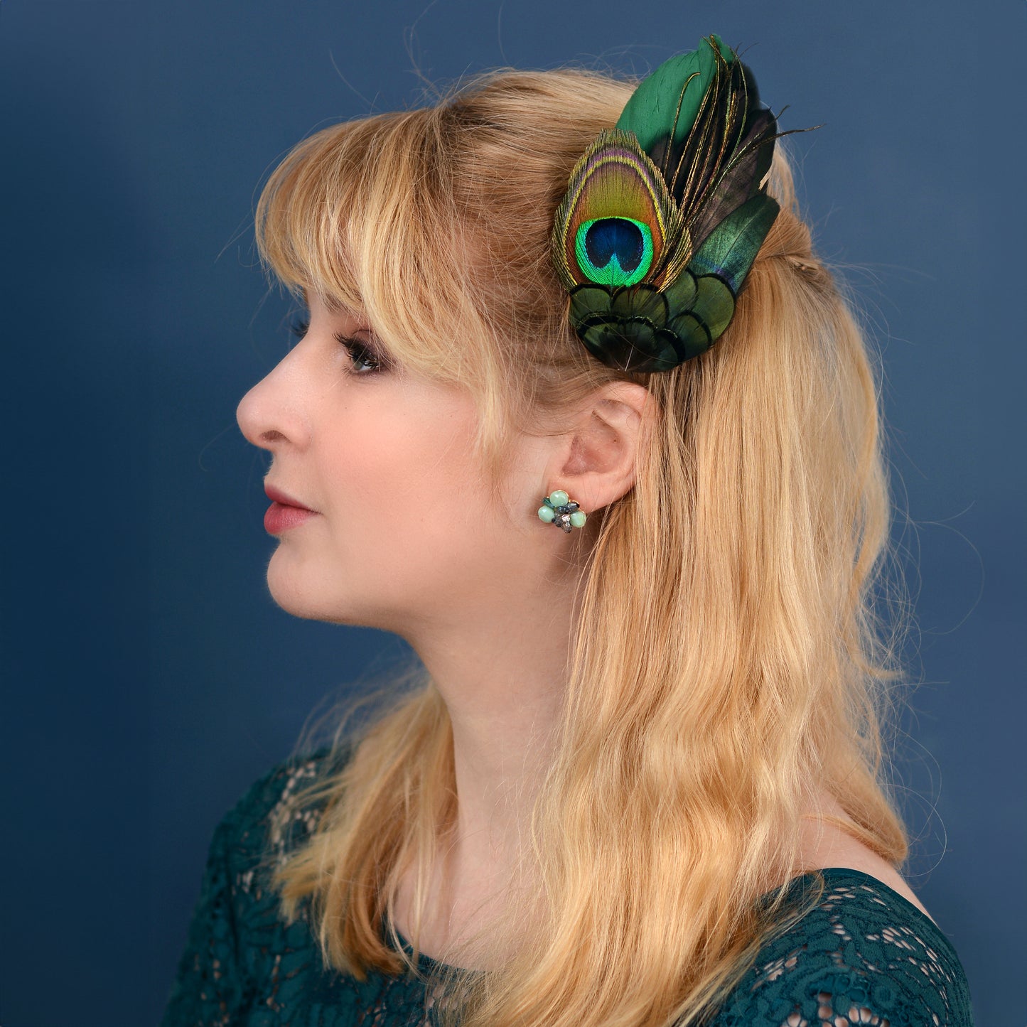 Green and Peacock Feather Hair Clip Large