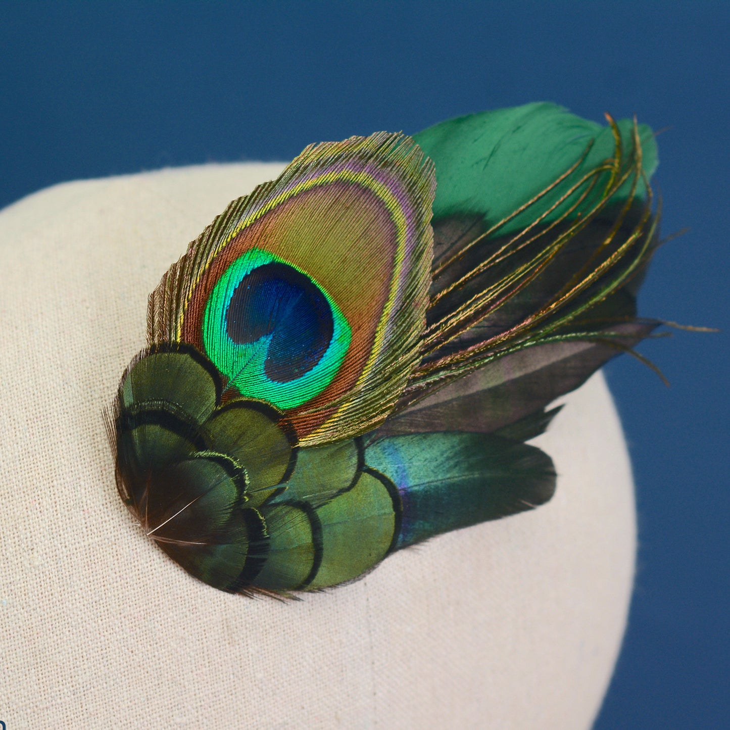 Green and Peacock Feather Hair Clip Large