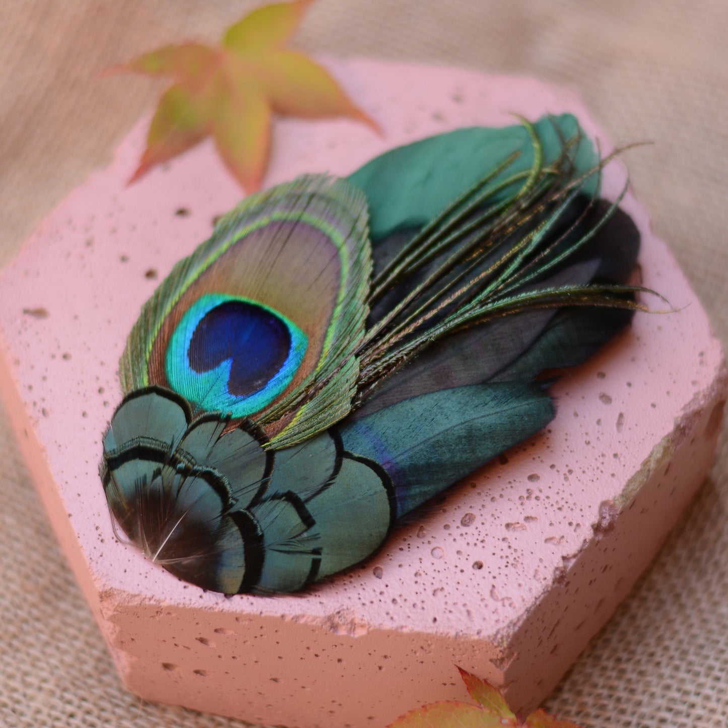 Green and Peacock Feather Hair Clip Large