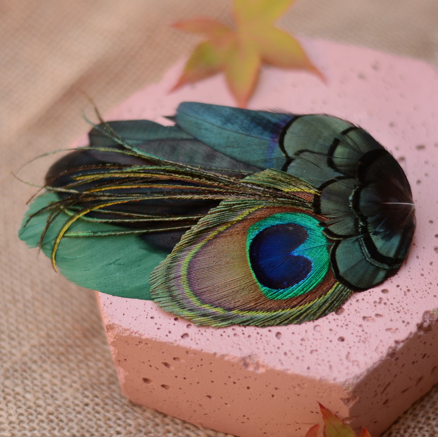 Green and Peacock Feather Hair Clip Large