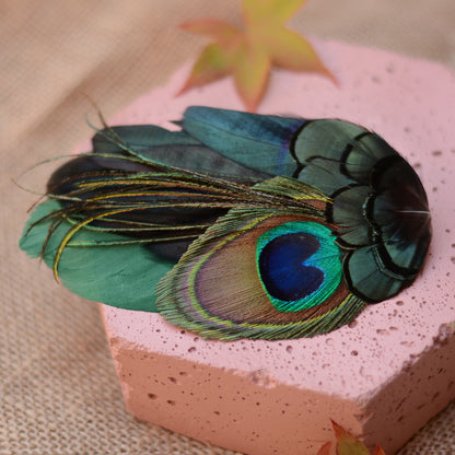 Green and Peacock Feather Hair Clip Large