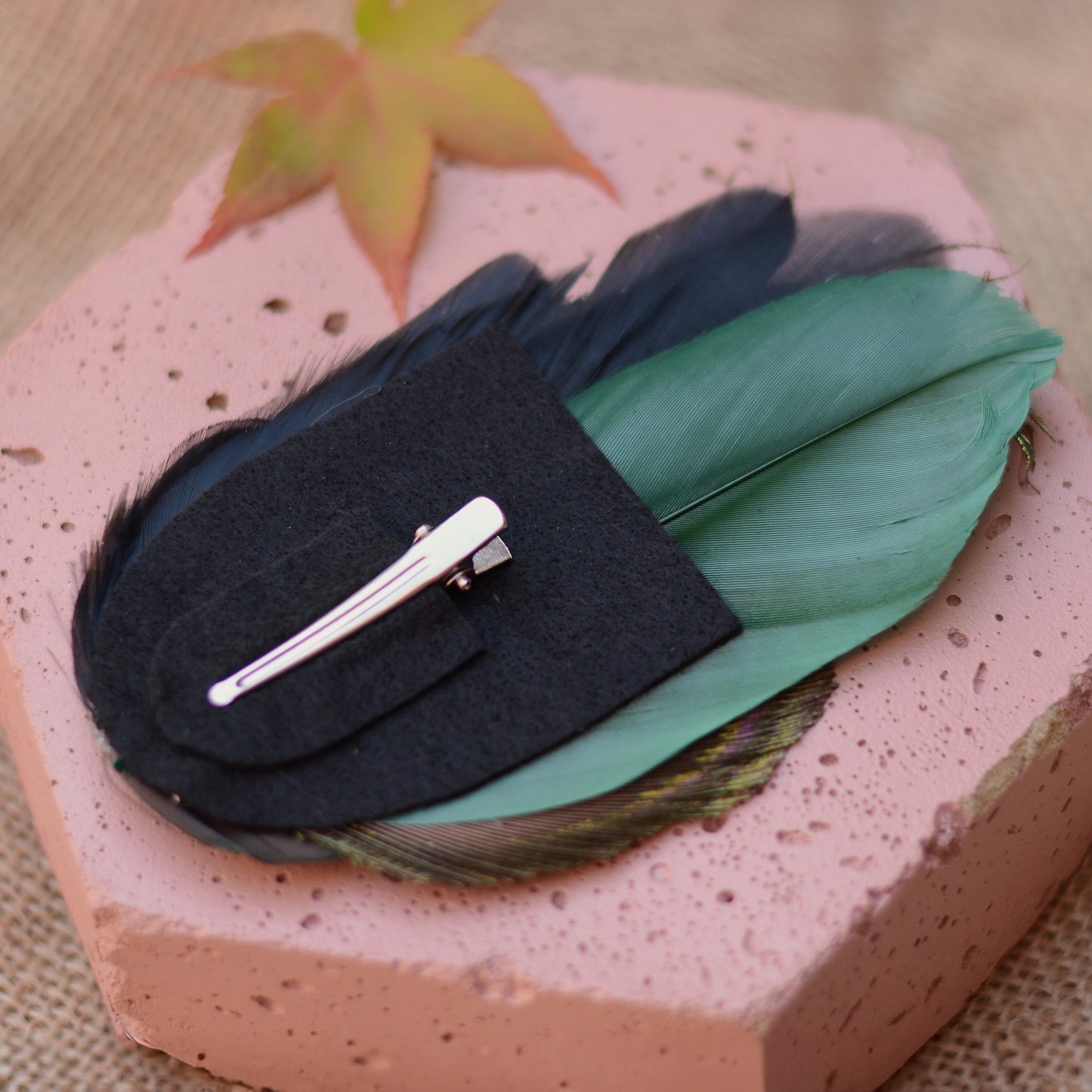 Green and Peacock Feather Hair Clip Large