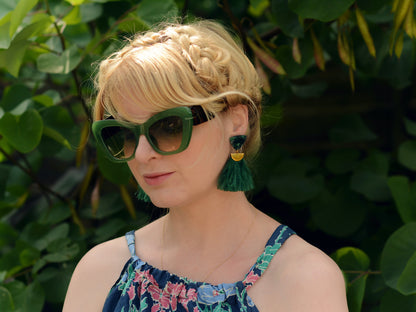 Rich Green Triangle Acetate and Ostrich Feather Tassel Earrings