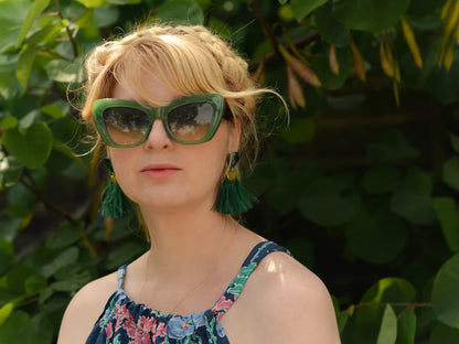 Rich Green Triangle Acetate and Ostrich Feather Tassel Earrings