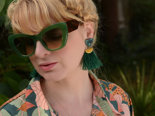 Rich Green Triangle Acetate and Ostrich Feather Tassel Earrings