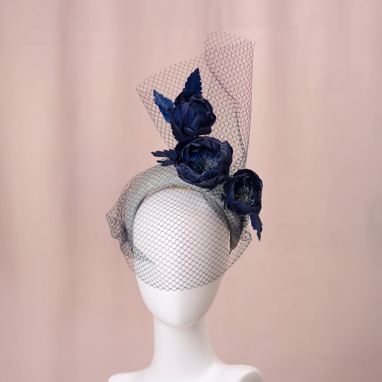 Grey and Navy Blue Bandeau Headband Fascinator with Feather Flowers and Net Veil