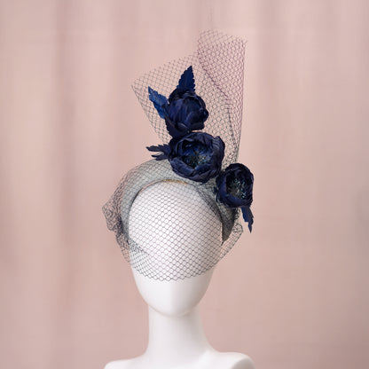 Grey and Navy Blue Bandeau Headband Fascinator with Feather Flowers and Net Veil