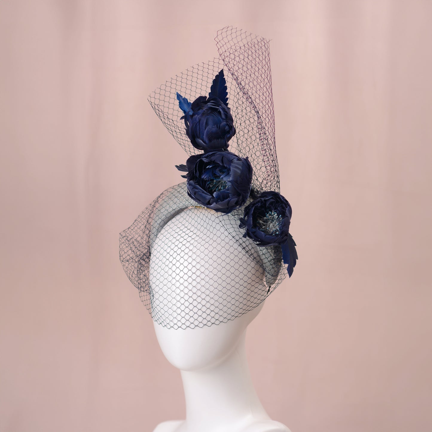 Grey and Navy Blue Bandeau Headband Fascinator with Feather Flowers and Net Veil