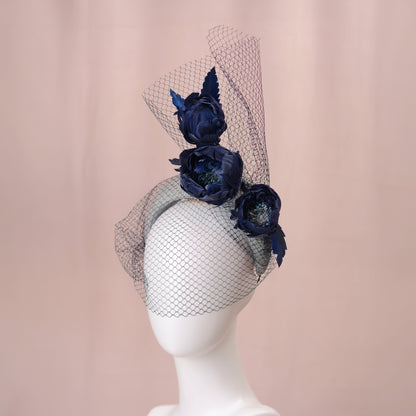 Grey and Navy Blue Bandeau Headband Fascinator with Feather Flowers and Net Veil