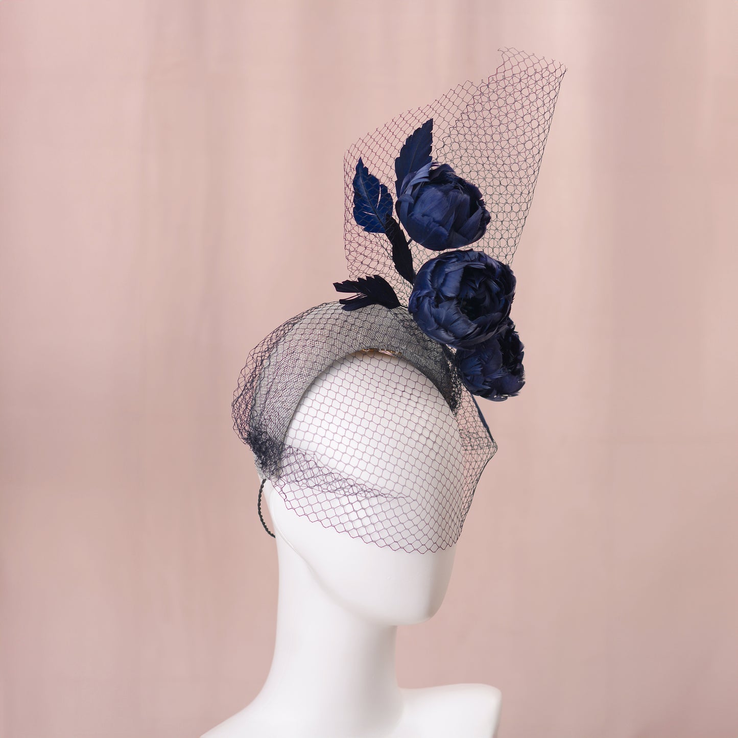 Grey and Navy Blue Bandeau Headband Fascinator with Feather Flowers and Net Veil