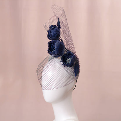 Grey and Navy Blue Bandeau Headband Fascinator with Feather Flowers and Net Veil