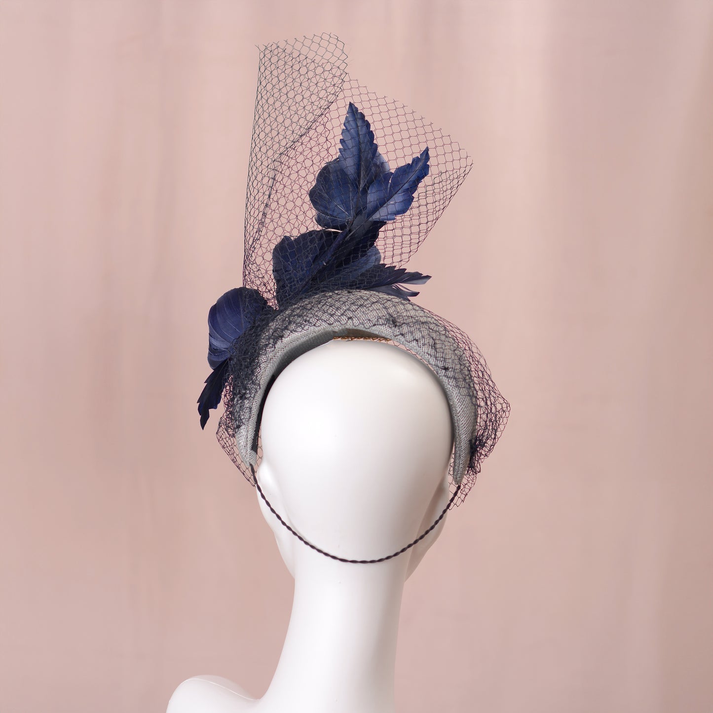 Grey and Navy Blue Bandeau Headband Fascinator with Feather Flowers and Net Veil