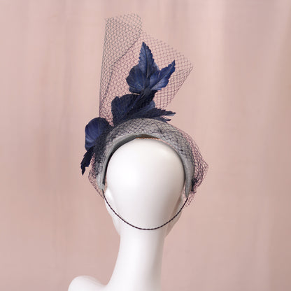 Grey and Navy Blue Bandeau Headband Fascinator with Feather Flowers and Net Veil
