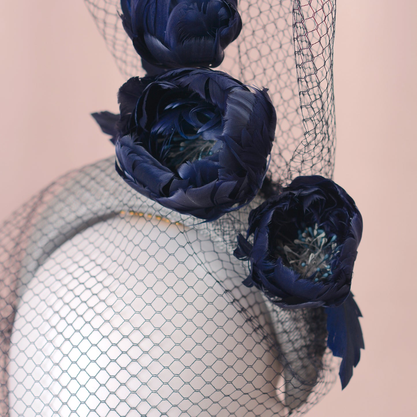 Grey and Navy Blue Bandeau Headband Fascinator with Feather Flowers and Net Veil