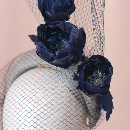 Grey and Navy Blue Bandeau Headband Fascinator with Feather Flowers and Net Veil