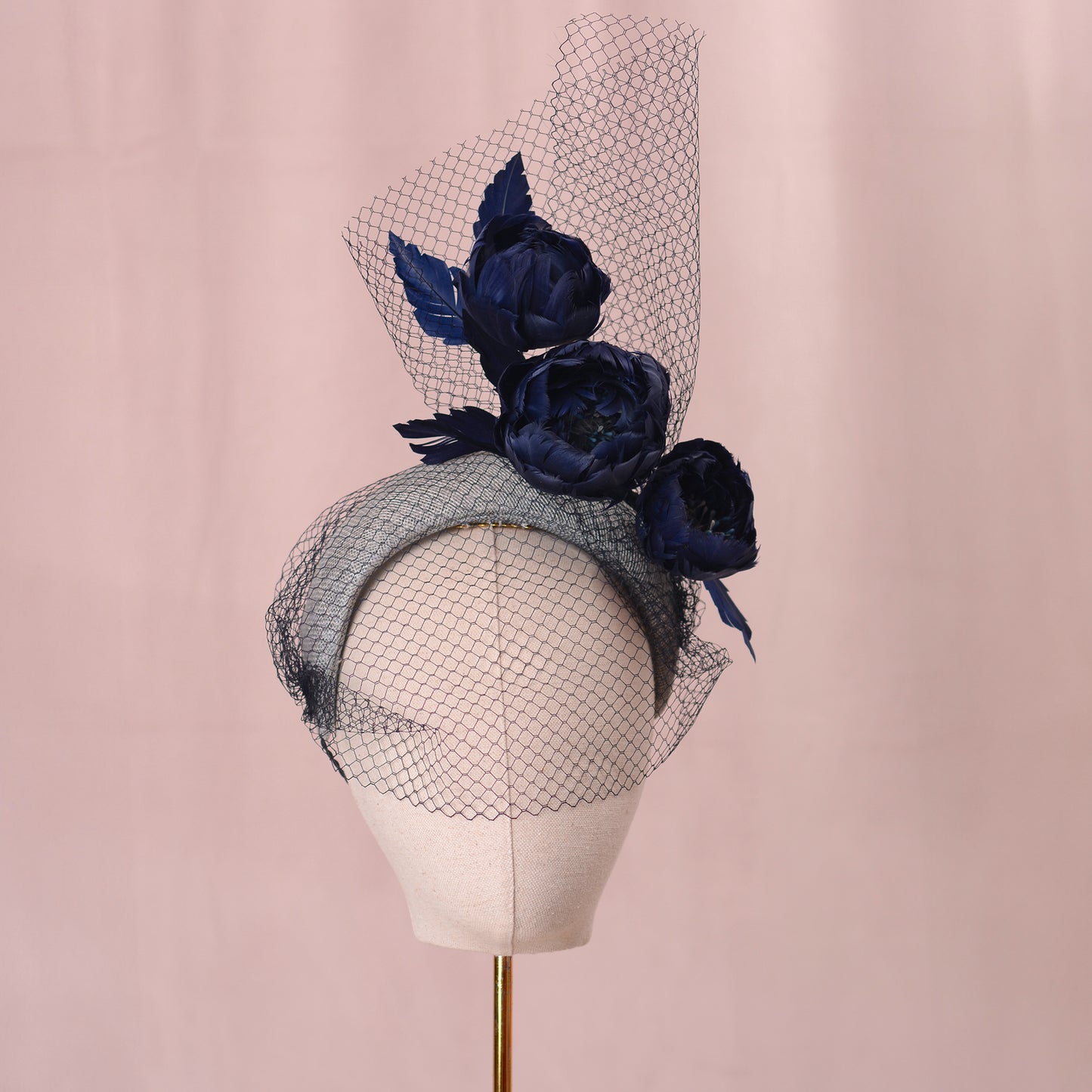 Grey and Navy Blue Bandeau Headband Fascinator with Feather Flowers and Net Veil