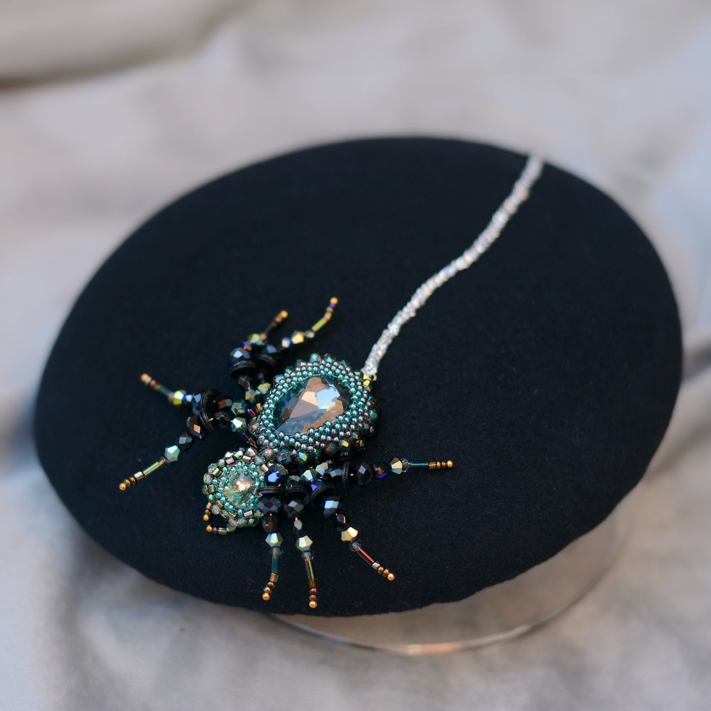 Anansi -  Black Wool Jewelled Spider Beret