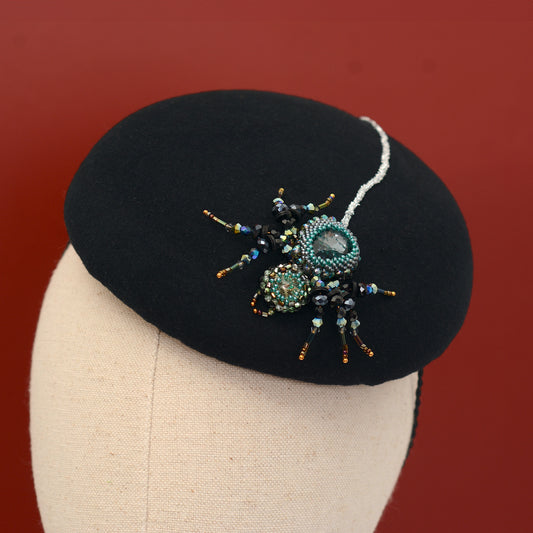 Anansi -  Black Wool Jewelled Spider Beret