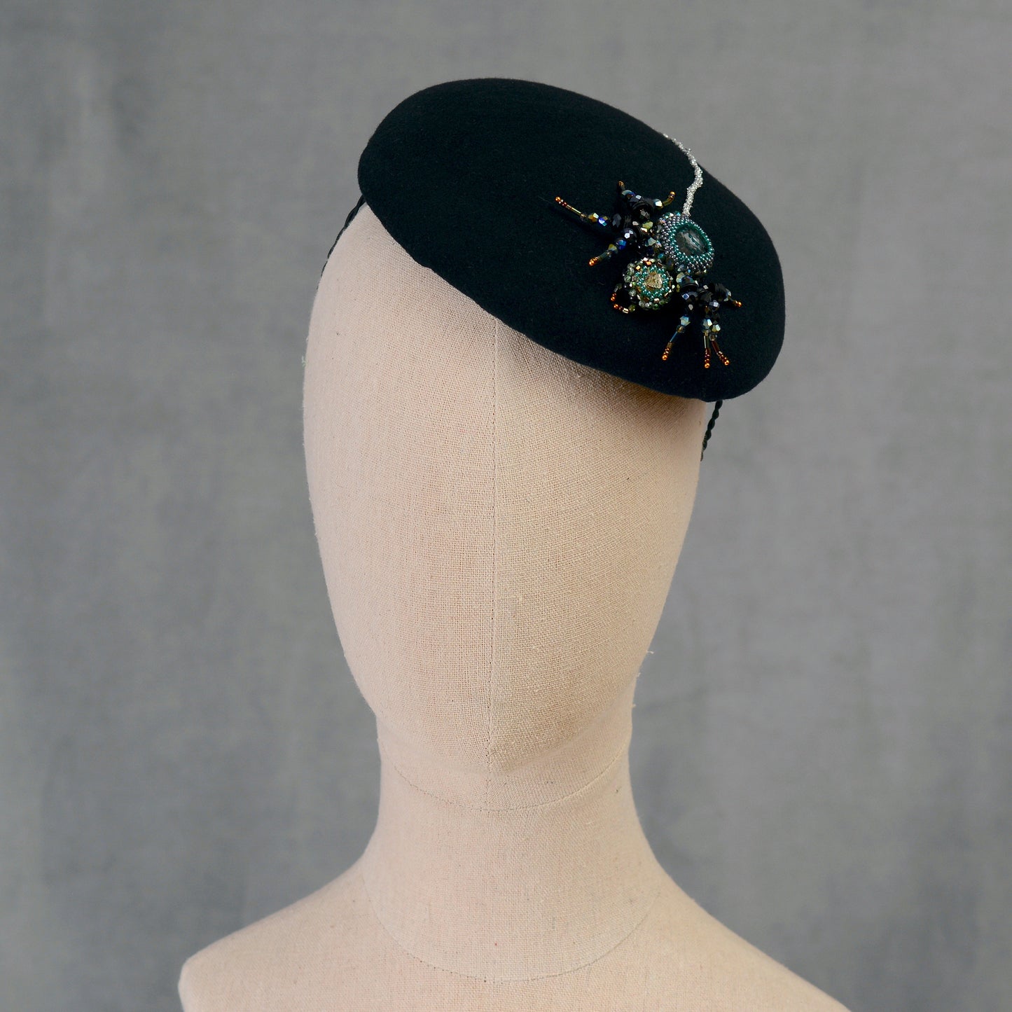 Anansi -  Black Wool Jewelled Spider Beret