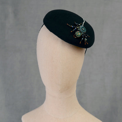 Anansi -  Black Wool Jewelled Spider Beret