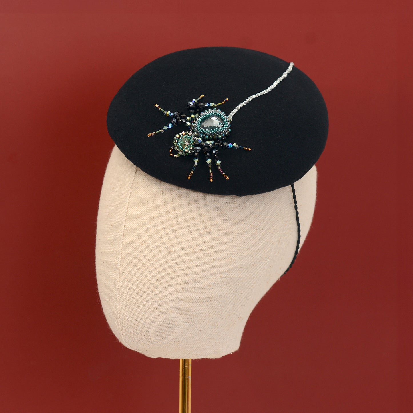 Anansi -  Black Wool Jewelled Spider Beret
