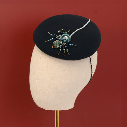 Anansi -  Black Wool Jewelled Spider Beret