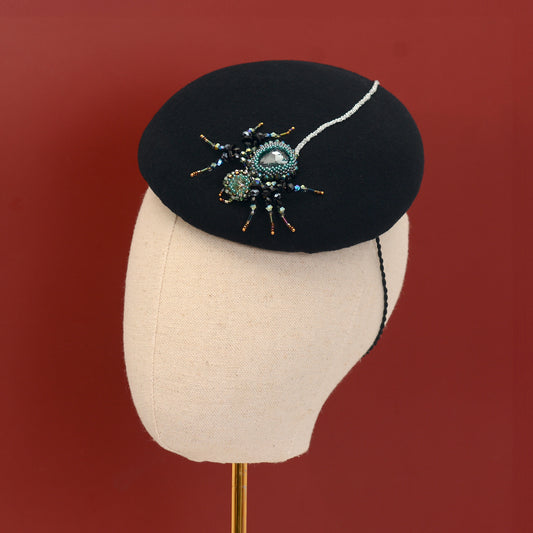 Anansi -  Black Wool Jewelled Spider Beret