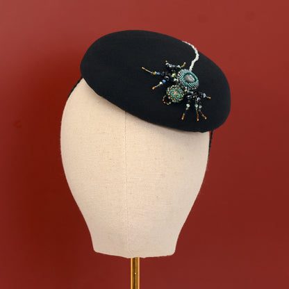 Anansi -  Black Wool Jewelled Spider Beret