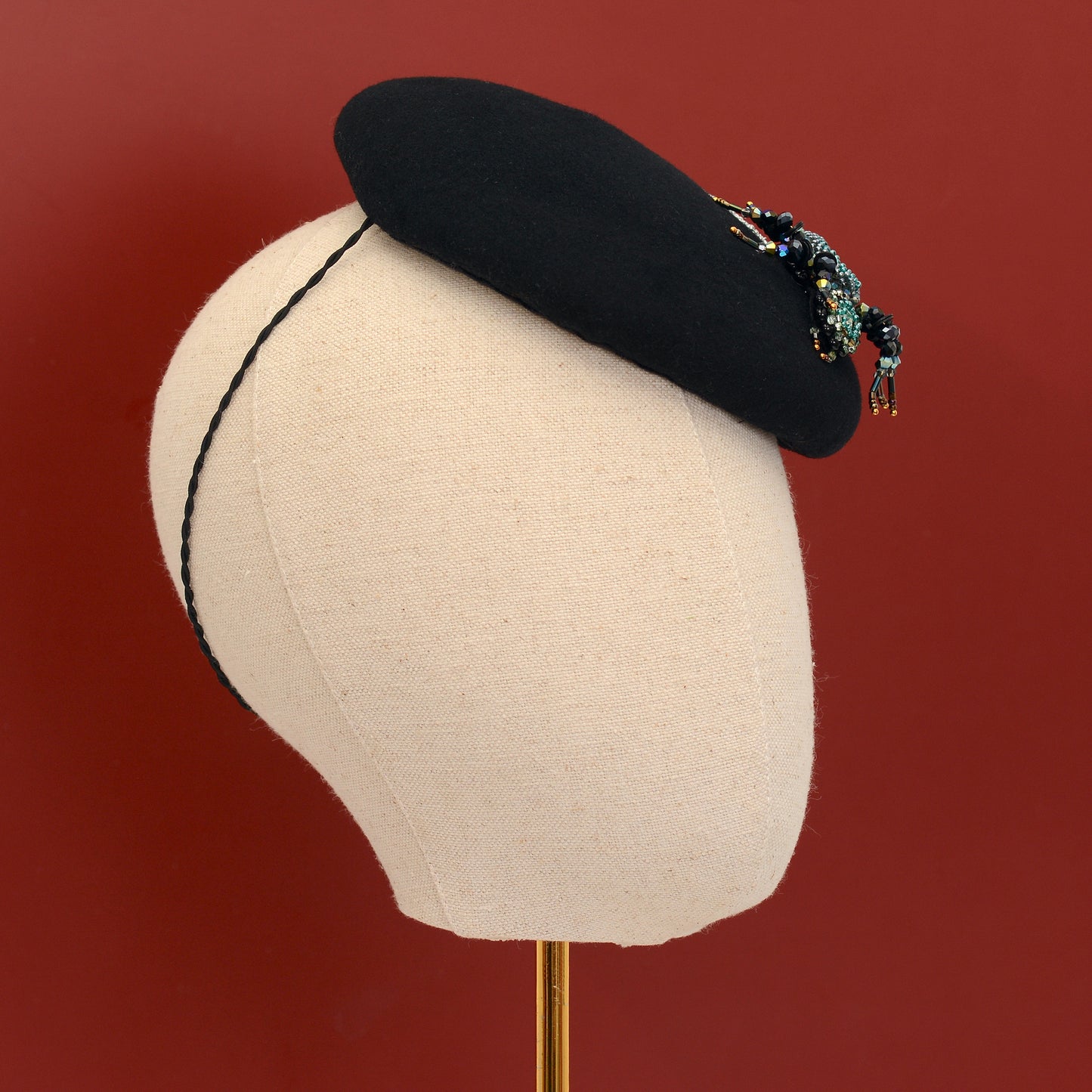 Anansi -  Black Wool Jewelled Spider Beret