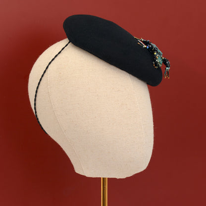 Anansi -  Black Wool Jewelled Spider Beret